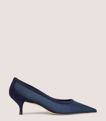 Stuart Weitzman,STUART KITTEN PUMP,Pump,Mesh & Suede,Navy Blue,Front View