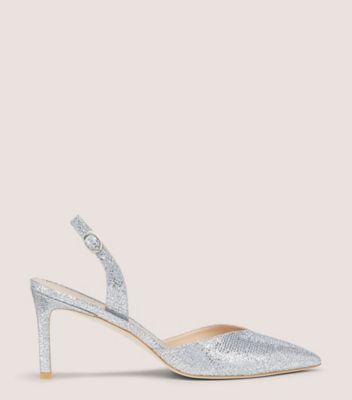 Stuart Weitzman,JULIA 75 SLINGBACK PUMP,Leather,Mesh,Pumps,Formal,Metallic,Silver,Front View