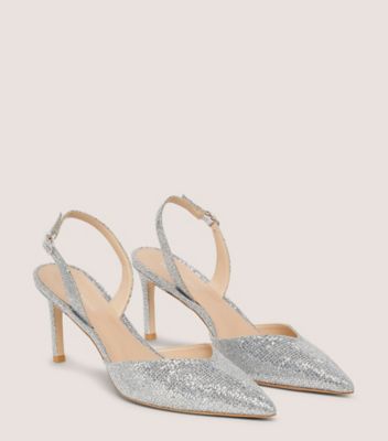 Stuart Weitzman,JULIA 75 SLINGBACK PUMP,Leather,Mesh,Pumps,Formal,Metallic,Silver,Angle View