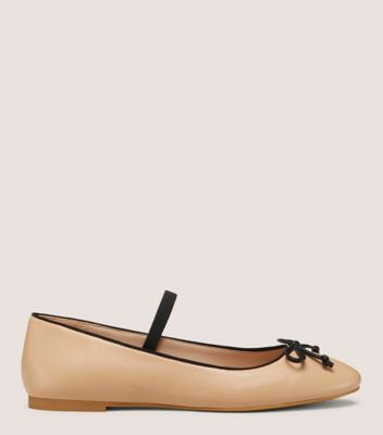 Stuart Weitzman,GABBY BOW  BALLET FLAT,Leather,Nappa Leather,Ballet Flats,Piping,Bow,Day Party,Beige,Front View