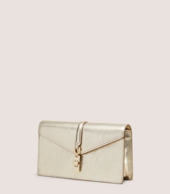 Stuart Weitzman,MILAN LOVELETTER CLUTCH,Leather,Clutch,Faux Leather,Engraved Detail,Logo,Gusset,Formal,Champagne,Metallic