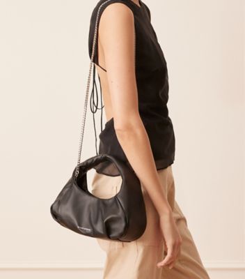 Stuart Weitzman,THE MODA MINI HOBO BAG,Leather,Hobo,Logo,Pleats,Word Embellishment,Casual,Black