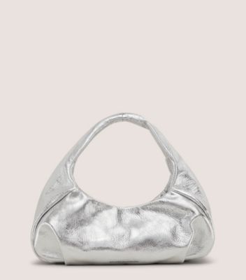 Stuart Weitzman,MODA MINI HOBO BAG,Leather,Hobo,Logo,Pleats,Word Embellishment,Silver Metal,Party,Silver,Metallic,Front View