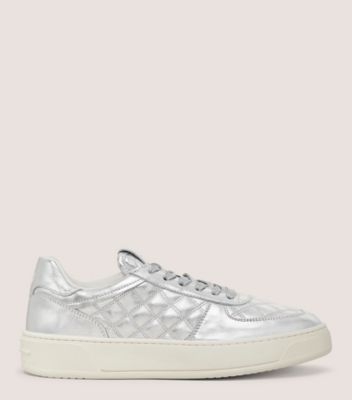 Stuart Weitzman,SW COURTSIDE SLEEK SNEAKER,Sneaker,Metallic Leather,Silver,Front View