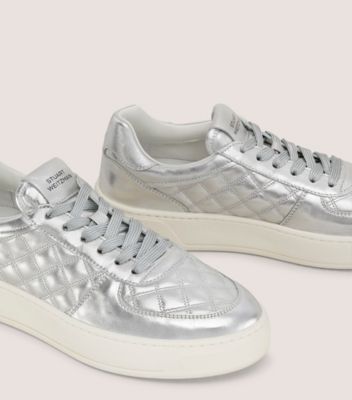 Stuart Weitzman,SW COURTSIDE SLEEK SNEAKER,Sneaker,Metallic Leather,Silver,Detailed View