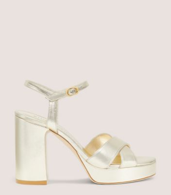 Stuart Weitzman,DAYNA PLATFORM SANDAL,Leather,Sandals,Party,Gold,Metallic,Front View