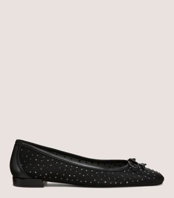 Stuart Weitzman,ARABELLA BALLET FLAT,Flat,Mesh, Crystal & Lacquered Nappa Leather,Black,Front View