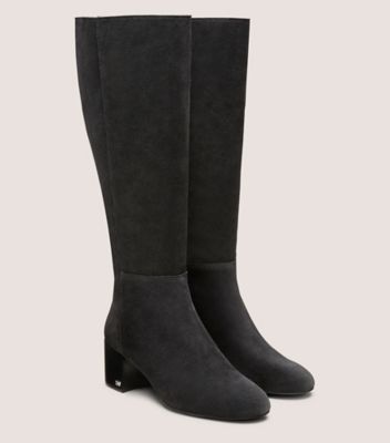 Stuart Weitzman,EDIE KNEE-HIGH BOOT,Boots,Logo,Metal,Pull Tab,Day Party,Black,Angle View