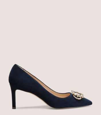 Stuart Weitzman,ELOISE 75 PUMP,Rubber,Pumps,Brooch Embellishment,Rhinestones,Cocktail,Navy,Front View