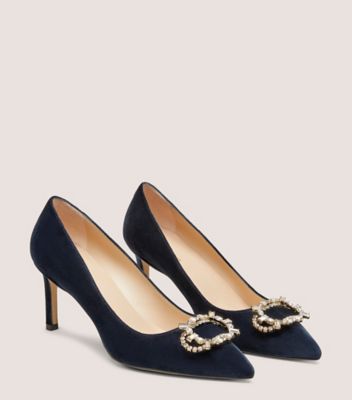 Stuart Weitzman,ELOISE 75 PUMP,Rubber,Pumps,Brooch Embellishment,Rhinestones,Cocktail,Navy