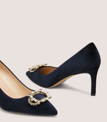 Stuart Weitzman,ELOISE 75 PUMP,Rubber,Pumps,Brooch Embellishment,Rhinestones,Cocktail,Navy,Detailed View