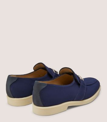 Stuart Weitzman,AURELIO LOAFER,Nubuck Leather,Suede,Rubber,Loafer,Shoe Straps,Horsebit,Flexible,Work,Navy,Back View