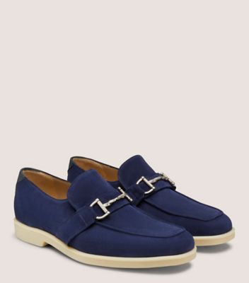 Stuart Weitzman,AURELIO LOAFER,Nubuck Leather,Suede,Rubber,Loafer,Shoe Straps,Horsebit,Flexible,Work,Navy,Angle View
