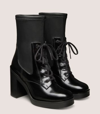 Stuart Weitzman,EVERITT 80 BOOTIE,Nappa Leather,Combat,Lace Up,Day Party,Black,Angle View