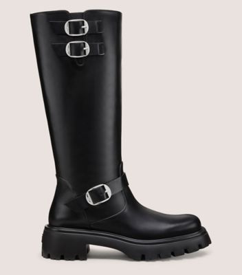 Stuart Weitzman,EMERSON MOTO BOOT,Rain,Moto,Pull Tab,Outdoor,Black,Front View