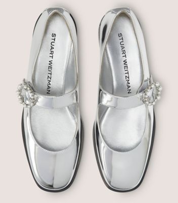 Stuart Weitzman,LORALEI CRYSTAL MARY JANE,Flats,Crystal,Pearl,Rhinestones,Formal,Silver