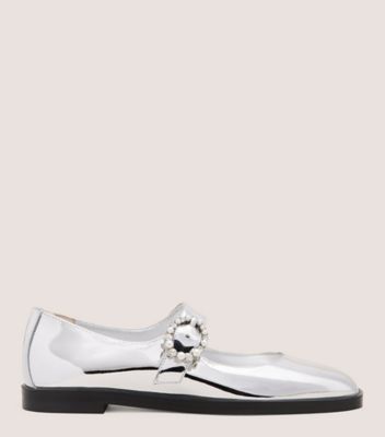 Stuart Weitzman,LORALEI CRYSTAL MARY JANE,Flats,Crystal,Pearl,Rhinestones,Formal,Silver,Front View