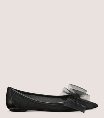 Stuart Weitzman,BLUSHING BOW FLAT,Mesh,Nappa Leather,Flats,Bow,Day Party,Black,Front View