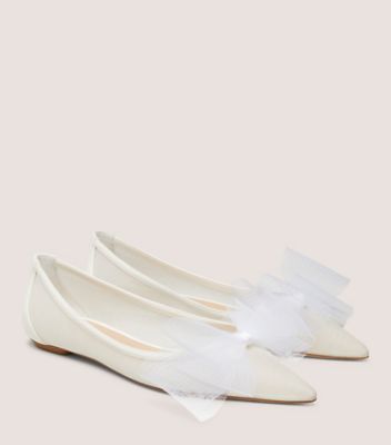 Stuart Weitzman,BLUSHING BOW FLAT,Mesh,Nappa Leather,Flats,Bow,Day Party,White,Angle View