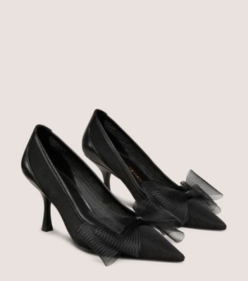 Stuart Weitzman,BLUSHING BOW 75 PUMP,Nappa Leather,Mesh,Pumps,Bow,Formal,Black,Angle View