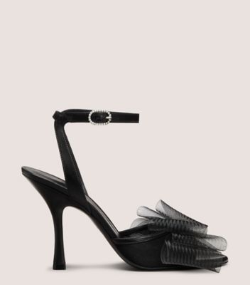 Stuart Weitzman,BLUSHING BOW 100 SANDAL,Nappa Leather,Mesh,Sandals,Bow,Cushioned,Formal,Black,Front View