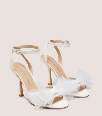 Stuart Weitzman,BLUSHING BOW 100 SANDAL,Mesh,Nappa Leather,Sandals,Bow,Cushioned,Formal,White,Angle View