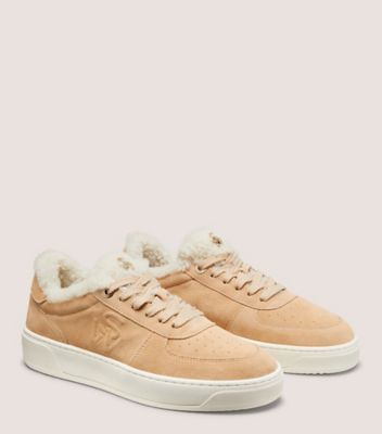 Stuart Weitzman,SW COURTSIDE SHEARLING SNEAKER,Rubber,Casual,Embossed,Perforated,Logo,Flexible,Casual,Beige,Angle View