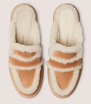 Stuart Weitzman,LENNOX MULE,Rubber,Loafer,Mules,Fur Embellishment,Penny Loafer,Piping,Day Party,Cream