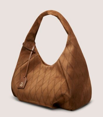 Stuart Weitzman,MODA HOBO BAG,Suede,Shoulder Bag,Logo,Metal,Perforated,Word Embellishment,Lined,Casual,Travel,Brown,Side View