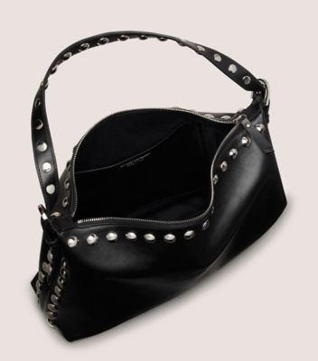 Stuart Weitzman,STUART STUD SHOULDER BAG,Calfskin Leather,Hobo,Logo,Word Embellishment,Studded,Adjustable,Day Party,Black,Top View