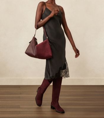 Stuart Weitzman,STUART 5050 SHOULDER BAG,Cotton,Shoulder Bag,Logo,Metal,Casual,Maroon,Shoe on tall model