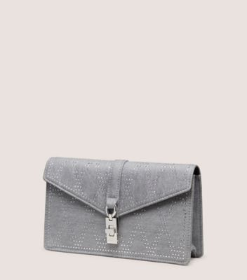 Stuart Weitzman,POCHETTE BRILLANTE MILAN,Clutch,Denim rétro et cristal,Gris perla,Side View