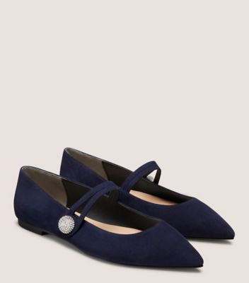 Stuart Weitzman,DEDE MARY JANE FLAT,Rubber,Suede,Flats,Rhinestones,Day Party,Navy