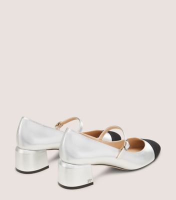 Stuart Weitzman,Pump,Cuir métallisé et gros-grain,Argent Et Noir
