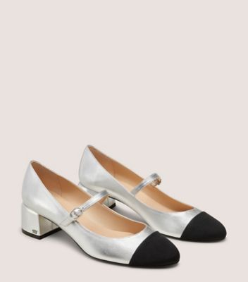 Stuart Weitzman,Pump,Cuir métallisé et gros-grain,Argent Et Noir