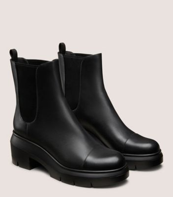 Stuart Weitzman,NORAH,Leather,Rubber,Chelsea Boots,Traction,Pull Tab,Elastic Gore,Ripstop,Day Party,Black,Angle View