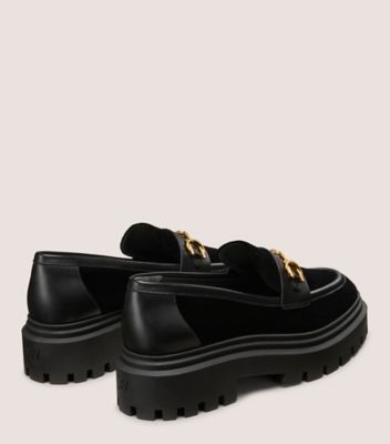 Stuart Weitzman,OWEN BUCKLE ULTRA LUG LOAFER,Calfskin Leather,Velvet,Loafer,Horsebit,Work,Black,Back View