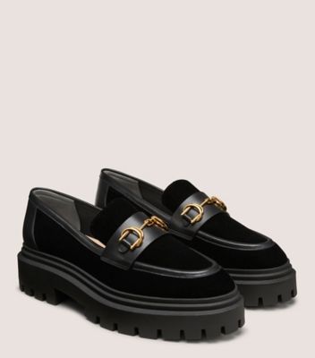 Stuart Weitzman,OWEN BUCKLE ULTRA LUG LOAFER,Calfskin Leather,Velvet,Loafer,Horsebit,Work,Black,Angle View