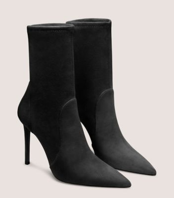 Stuart Weitzman,STUART POWER BOOTIE 100,Suede,Bootie,Foam,Elastic Gore,Shock Absorbent,Casual,Day Party,Black,Angle View