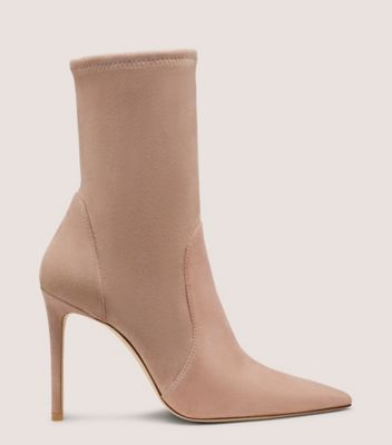 Stuart Weitzman,STUART POWER BOOTIE 100,Suede,Bootie,Foam,Elastic Gore,Shock Absorbent,Day Party,Casual,Beige,Front View