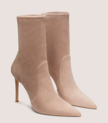 Stuart Weitzman,STUART POWER BOOTIE 100,Suede,Bootie,Foam,Elastic Gore,Shock Absorbent,Casual,Day Party,Beige,Angle View
