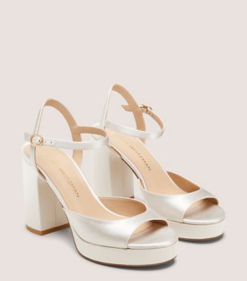 Stuart Weitzman,DAYNA II PLATFORM,Satin,Sandals,Fabric,Arch Support,Day Party,White,Angle View