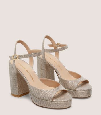 Stuart Weitzman,DAYNA II PLATFORM,Leather,Sandals,Fabric,Arch Support,Formal,Cocktail,Silver,Angle View