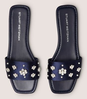 Stuart Weitzman,POPPY SLIDE,Satin,Leather,Slides,Embellished,Rhinestones,Pearl,Day Party,Navy,Top View