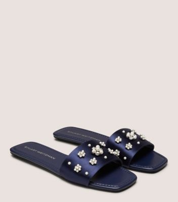 Stuart Weitzman,POPPY SLIDE,Satin,Leather,Slides,Embellished,Rhinestones,Pearl,Day Party,Navy,Angle View