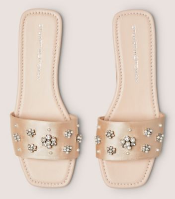 Stuart Weitzman,POPPY SLIDE,Satin,Leather,Slides,Embellished,Rhinestones,Pearl,Day Party,Pink,Top View