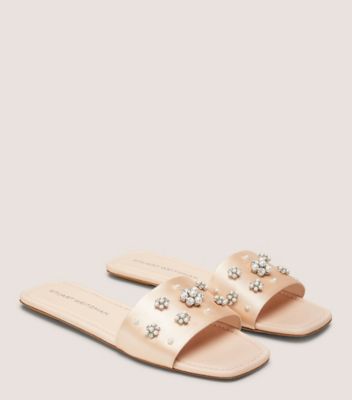 Stuart Weitzman,POPPY SLIDE,Satin,Leather,Slides,Embellished,Rhinestones,Pearl,Day Party,Pink,Angle View