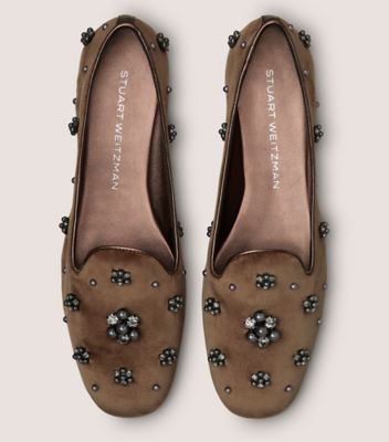 Stuart Weitzman,POPPY LOAFER,Rubber,Velvet,Silk,Smoking Flat,Embellished,Rhinestones,Studded,Cocktail,Brown,Top View