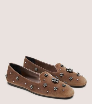 Stuart Weitzman,POPPY LOAFER,Rubber,Velvet,Silk,Smoking Flat,Embellished,Rhinestones,Studded,Cocktail,Brown,Angle View