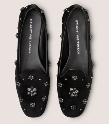 Stuart Weitzman,POPPY LOAFER,Rubber,Velvet,Silk,Smoking Flat,Embellished,Rhinestones,Studded,Cocktail,Black,Top View